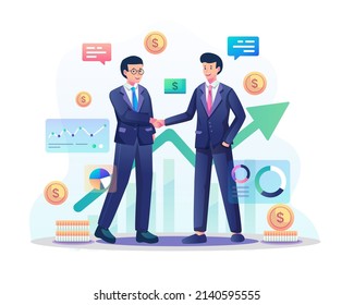 Business Partnership concept. Two businessmen came to an agreement and completed the deal with shaking hands. Flat style vector illustration