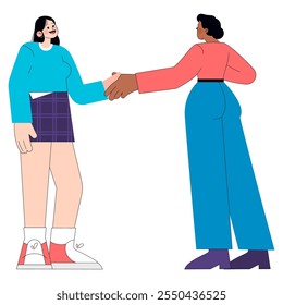 Business partnership concept. Two diverse women in professional attire shaking hands in agreement. Collaboration and networking scene. Vector illustration.