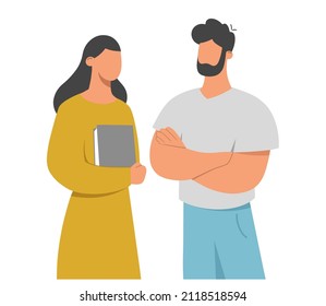 Business partnership concept. Young couple of businessmen standing together. The confident man has his arms crossed and the woman is holding a book or documents. Flat vector illustration.