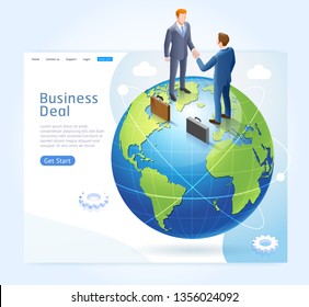 Business partnership conceptual design. Businessman handshake with globe earth background.