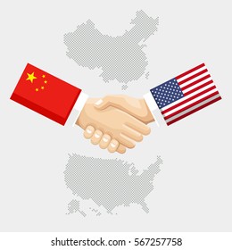 Business Partnership Connection Concept. Flags Of United States And China Overprinted The Handshake. Vector Illustration.