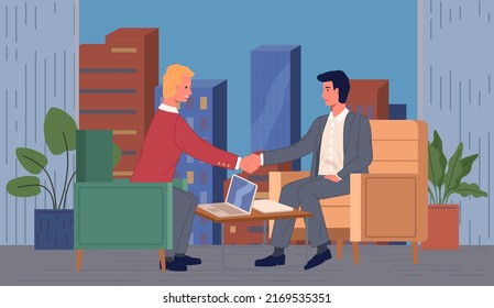 Business partnership, cooperation concept. Businessmen shaking hands after signing contract agreement. Business meeting of partners in office. Male colleagues discussing work and closing deal