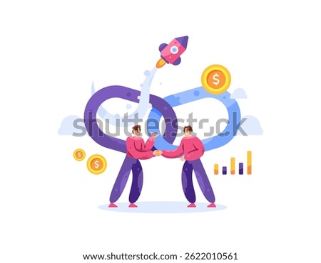 business partnership and cooperation concept. join as partners to grow and improve. illustration of two businessmen shaking hands to establish business connections and relationships. flat style design