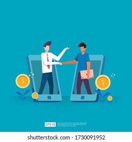 Business partnership deals and agreement to achieve success in teamwork and profit concept design. businessman investment on technology startup doing handshakes. Flat vector illustration