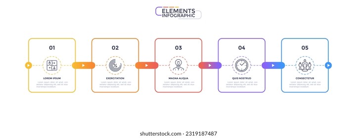 Business partnership for development vector infographic elements. Thin line rectangular elements for five steps, options or processes. Visual data presentation components