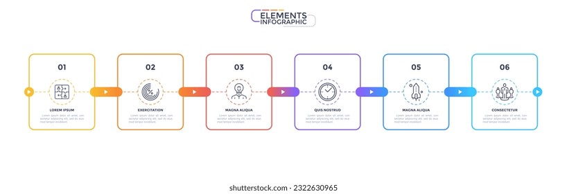 Business partnership for development vector infographic elements. Thin line rectangular elements for six steps, options or processes. Visual data presentation components