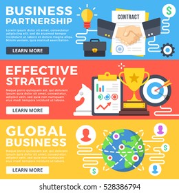 Business partnership, effective strategy, global business flat illustration concepts set. Flat design graphics for web banners, web sites, printed materials, infographics. Modern vector illustrations