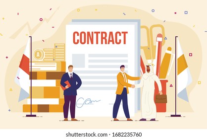 Business Partnership with Foreign Entrepreneur, International Company Investments, Contract with Arabian Partner Trendy Flat Vector Concept. Handshaking After Contract Signing Businessmen Illustration