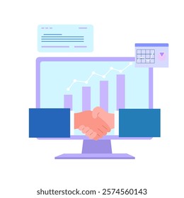 business partnership handshake with data analytics and graph on computer screen flat vector illustration