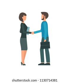 Business partnership. Handshake. A man and a woman shake hands. Isolated on white background. Vector illustration.