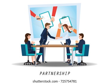 Business partnership handshake, Successful deal after great meeting in co working, business conceptual vector illustration.