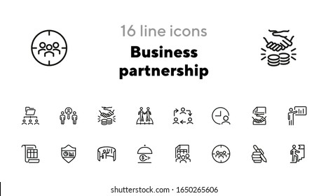 Business partnership icons. Set of line icons on white background. Work, team, project. Career concept. Vector illustration can be used for topics like management, office, job