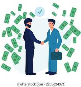 Business partnership. Illustration of business people in suits shaking hands.a man raises his hand and money falls on them, vector