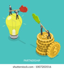 Business partnership isometric flat vector concept. One group of businessmen are standing on the light bulb other on coin pile and both of them are reaching out the foam hand to each other.