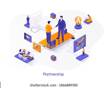 Business partnership isometric web banner. Business collaboration and partners agreement isometry concept. Effective teamwork and communication 3d scene. Vector illustration with people characters.