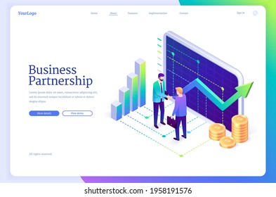 Business partnership landing page. Concept of teamwork, professional support and communication in business. Vector banner with isometric illustration of people handshake, money and graphs