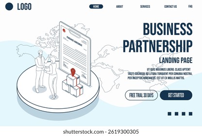 Business partnership landing page concept featuring two businesspeople shaking hands, with a purchase agreement on a clipboard as a backdrop.