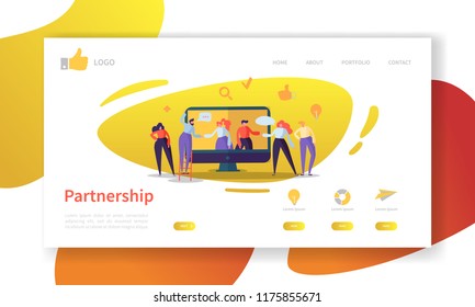 Business Partnership Landing Page Template. Website Layout with Flat People Characters Cooperation. Easy to Edit and Customize Mobile Web Site. Vector illustration
