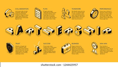 Business partnership line art, isometric vector banner. Corporate principles, business teams collaboration for better performance and success concept. Investment company, business courses landing page