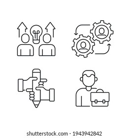 Business partnership linear icons set. Synergy, teamwork, collaboration, research, meeting. Thin line customizable illustration. Vector isolated outline drawing. Editable stroke