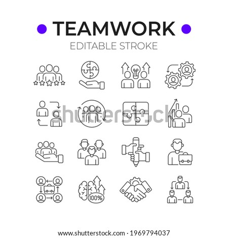 Business partnership linear icons set. Synergy, teamwork, collaboration, research, meeting. Thin line customizable illustration. Vector isolated outline drawing. Editable stroke