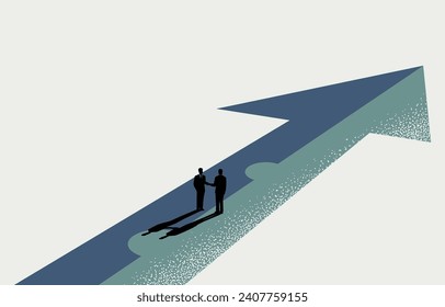 Business partnership, merger and acquisition concept, businessmen handshaking on assembled arrow jigsaw, vector illustration.