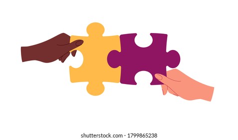 Business partnership metaphor. The concept of building a business system, solving problems, brainstorming, recruiting, teamwork, collaboration. Vector illustration in flat cartoon style.