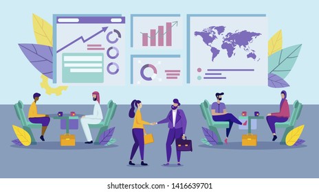 Business Partnership, Multiracial Businesspeople Cut Deal on Coffee Break Sitting at Tables . Man and Woman Shake Hands at Screen with Data Analysis Charts Background. Cartoon Flat vector Illustration