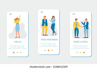 Business partnership onboarding mobile app screen vector template. Hello, find partners, make deal. Walkthrough website steps with flat characters. UX, UI, GUI smartphone cartoon interface concept