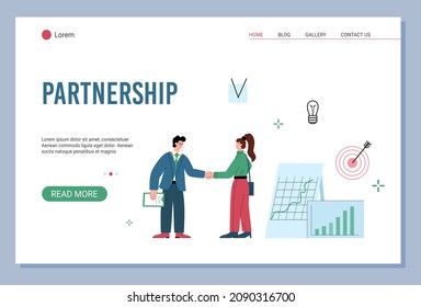 Business partnership, partners shake hands at meeting. Web banner with male and female cartoon characters making contract, deal in company in flat vector illustration isolated on white background.