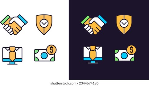 Conjunto de iconos de color de luz perfecta y de color de tema oscuro de la asociación empresarial. Acuerdo comercial seguro. Beneficio de la empresa. Dibujos de línea simple rellenos. Clásicos luminosos en blanco y negro. Trazo editable