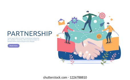 Business partnership relation concept with hand shake and tiny people character. team working together template for web landing page, banner, presentation, mockup, social media. Vector illustration