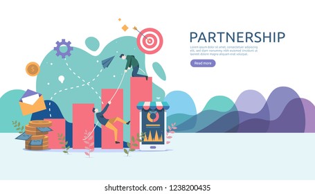 Business partnership relation concept idea with tiny people character. team working partner together template for web landing page, banner, presentation, mockup, social media. Vector illustration.