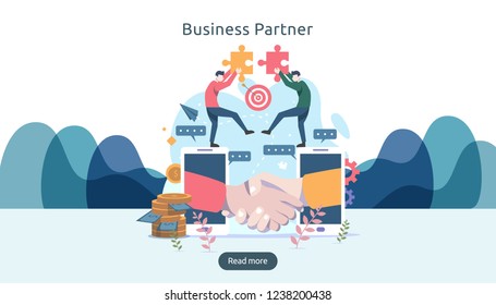 Business partnership relation concept idea with tiny people character. team working partner together template for web landing page, banner, presentation, mockup, social media. Vector illustration.