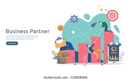 Business partnership relation concept idea with tiny people character. team working partner together template for web landing page, banner, presentation, mockup, social media. Vector illustration.