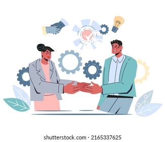Business partnership relations concept with handshaking business partners or colleagues. Conclusion of partnership contract, business deal or transaction, flat vector isolated on white background.