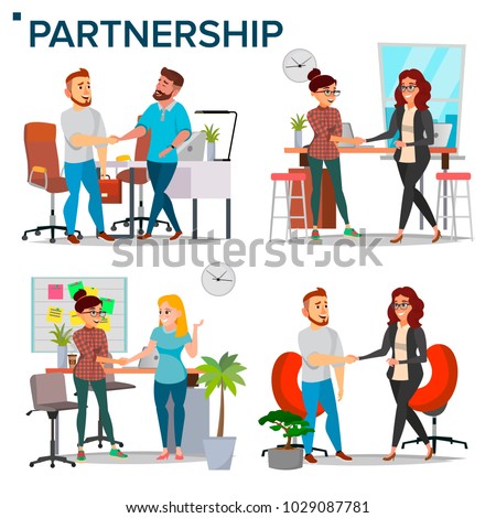 Business Partnership Set Vector. Business Man And Woman. Casual Handshaking. Connection. Isolated Flat Cartoon Illustration