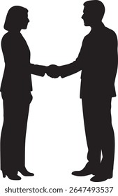 Business partnership silhouette of a woman and a man shaking hands and making a deal