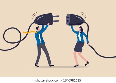 Business partnership, teamwork collaboration or work meeting and discussion to get solution concept, smart businessman and businesswoman, office people holding electric plug to connecting business.