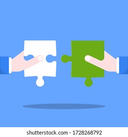 Business partnership and teamwork concept. Hand holding jigsaw. vector illustration
