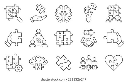 Business Partnership, Teamwork Line Icon Set. Team Connection, Communication Management Linear Pictogram. Jigsaw Puzzle Pieces Outline Symbol Collection. Editable Stroke. Isolated Vector Illustration.