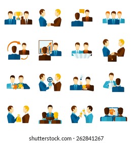 Business partnership teamwork management and communication flat icons set isolated vector illustration