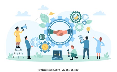 Business partnership, teamwork meeting and agreement vector illustration. Cartoon handshake of partners inside gears, team of tiny people work with automated labor mechanism and mechanical tools