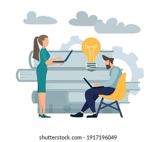 Business partnership, teamwork or solution for business problem concept, businessman and woman connecting light bulb idea metaphor of successful work together as team, flat design vector illustration