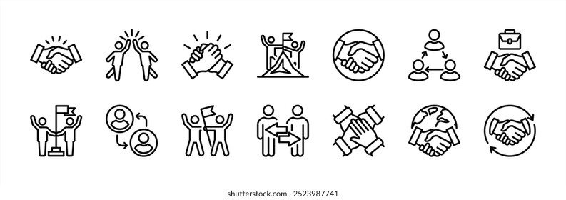 Business partnership thin line icon set. Containing handshake, agreement, teamwork, team work together, cooperation, support, trust, friendship, confidence, deal, success, achievement, connecting