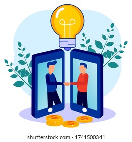 Business partnerships shake hands with 2 telephone screens. Exchange business ideas and profits. Vector illustration for social media, web, print, presentation.