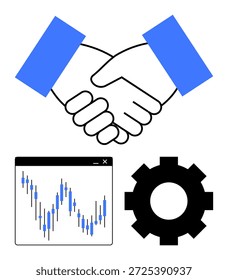 Parcerias de negócios, planejamento de estratégias, análise de dados, trabalho em equipe, crescimento do mercado, gerenciamento de processos. Ícone de aperto de mão com um gráfico de castiçal e engrenagem. Parcerias de negócios e planejamento de estratégia