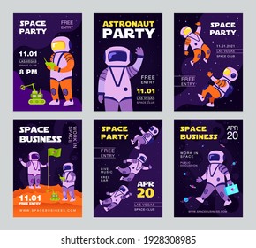 Business party brochure designs with astronauts. Bright promotion invitations for shop or company. Galaxy adventure and universe concept. Promotional template for advertising leaflet or flyer