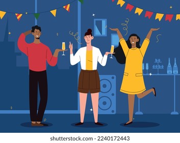 Business party concept. Man and women with cocktails. Event and entertainment, holiday and festival. Poster or banner for website. Template, layout and mock up. Cartoon flat vector illustration