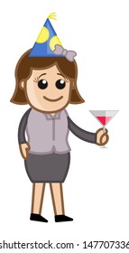 Business Party Girl Drinking - Cartoon Business Character